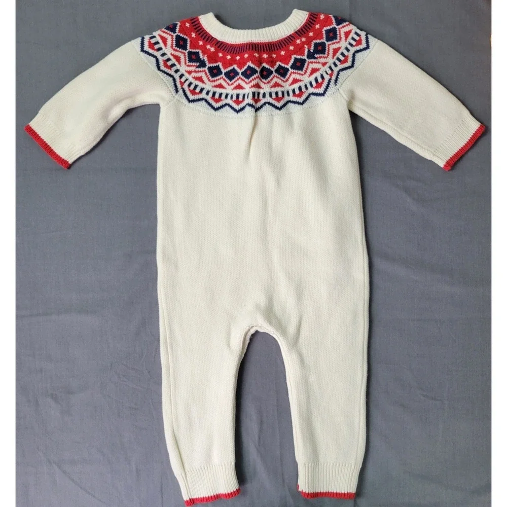 Hanna Andersson Kids 2T Fair Isle Knit Romper Cream Red‎ Blue Cotton 67226 FWH24